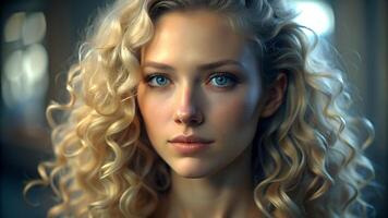 Portrait of beautiful tender curly blonde woman photo