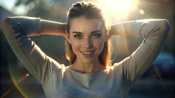 Lens flare over smiling young woman photo