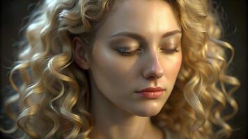 Portrait of beautiful tender curly blonde woman photo