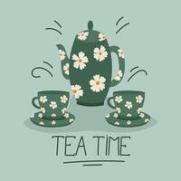 té hora tarjeta diseño. verde tetera con dos tazas ilustración. vector