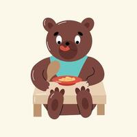 oso comiendo gachas de avena en desayuno. ilustración vector