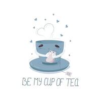 Be my cup of tea postcard. A mug hugs a tea bag, and hearts fly around. vector