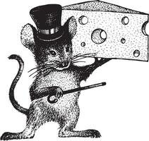 A mouse in a top hat and holding a piece of cheese with a cane. Black and white drawing. Retro drawing, vintage graphics vector