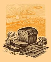 Bread still life on a landscape background, illustration. Vintage graphics and handwork. Drawing with an ink pen and pencil. Still life with bread, garlic and cumin vector