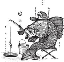 A fish with a cap and a smoking pipe is fishing with a fishing rod, illustration. Drawing with an ink pen and pencil. A collection of fish. vector