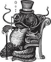 Fish Catfish sits in a chair, with a cane, in a top hat and smokes a cigar, illustration. Drawing with an ink pen and pencil. A collection of fish. vector