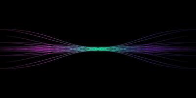 Abstract wavy dynamic blue green violet light lines curve banner on black background in concept technology, neural network, neurology, science, music, neon light vector