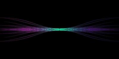 Abstract wavy dynamic blue green violet light lines curve banner on black background in concept technology, neural network, neurology, science, music, neon light vector