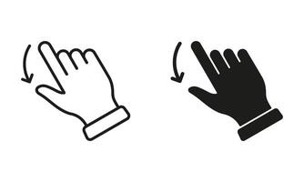 Hand Finger Drag Down Line and Silhouette Black Icon Set. Pinch Screen, Swipe and Rotate Touch Screen Pictogram. Gesture Slide Down Symbol Collection on White Background. Isolated Illustration. vector