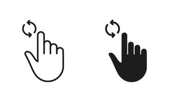 Update, Repeat, Circle Arrows with Hand Finger Line and Silhouette Black Icon Set. Swipe for Refresh Website Page Pictogram. Reload Gesture Symbol Collection. Isolated Illustration. vector