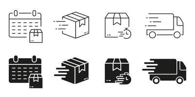Express Delivery Service Line and Silhouette Icon Set. Fast Shipping Symbol Collection. Export And Import Pictogram. International Distribution Sign. Isolated Illustration vector