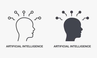 Digital Technology and Machine Learning Symbol Collection. Artificial Intelligence Silhouette and Line Icon Set. AI in Human Brain Pictogram. Isolated Illustration. vector