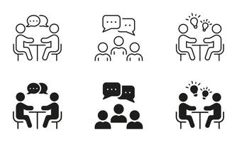 People Talk On Meeting Line and Silhouette Icon Set. Business Conference Pictogram. Office Table Conversation Symbol Collection. Brainstorming At Work Sign. Isolated Illustration vector