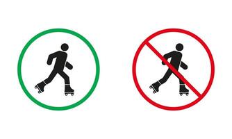 Roller Skating Warning Sign Set. No Entry On Rollerskate Symbol. Roller Skate Allowed and Prohibit Silhouette Icons. Isolated Illustration. vector