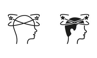 Man Feel Dizzy Line and Silhouette Black Icon Set. Tired Man with Nausea Pictogram. Migraine, Headache, Dizziness, Distracted Head Symbol Collection on White Background. Isolated Illustration. vector