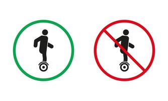 Unicycle Warning Sign Set. Monowheel Allowed and Prohibit, Electric Gyroscooter Icons. Hoverboard, Danger Transport In Red and Green Circle Symbol. Isolated Illustration vector