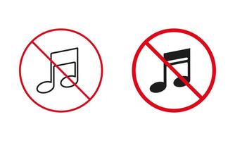 No Music Allowed Warning Sign Set. Silence Zone. Musical Note Prohibit Line And Silhouette Icons. No Sound Area, Not Place for Sing Music Red Circle Symbol. Isolated Illustration vector