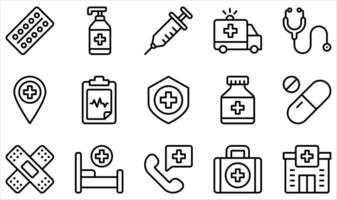 Collection of Icons Related to Health. Contains Icons like Pills, Injection, Ambulance, Bad hospital, Report, Medicine and more. vector