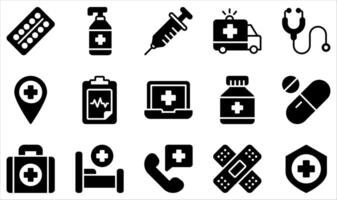 Collection of Icons Related to Health. Contains Icons like Pills, Injection, Ambulance, Bad hospital, Report, Medicine and more. vector