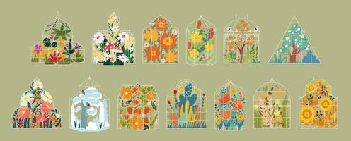 A set of greenhouse with flowers, tree and leaves. Vintage floral glasshouses garden. vector