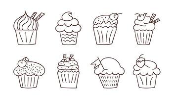 Set of hand-drawn holiday cupcakes with cream and berries, in doodle style vector