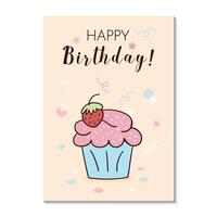 Greeting card with a bright and delicious cupcake, muffin, and inscription. The illustration is hand-drawn in a doodle style vector