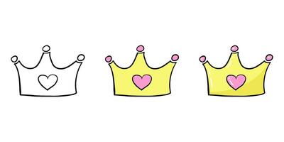 Set of crown illustrations for kids in cartoon and doodle style. Design for little princesses and princes. vector
