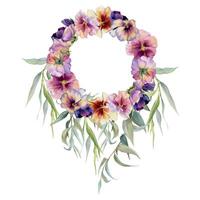 Hand drawn watercolor illustration, victorian botanical flowers leaves. Pansy viola violet, willow eucalyptus laurel branch. Wreath frame isolated on white background. Design wedding, love cards vector