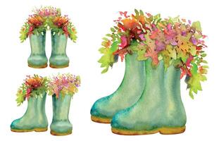 Hand drawn watercolor illustration spring gardening shoes, green rubber boots with flowers and leaves. Set of objects isolated white background. Design print, shop, scrapbooking, packaging, decoupage vector