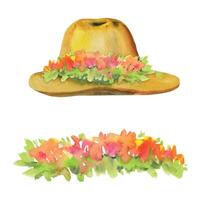 Hand drawn watercolor illustration spring gardening accessory, straw sun hat with flowers and leaves. Composition isolated on white background. Design print, shop, scrapbooking, packaging, decoupage vector