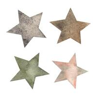 A set of five-pointed stars of different colors, gray, brown, green, pink. Watercolor isolated illustration for children's interior, cards, stickers, textiles, design, invitations, packaging. vector