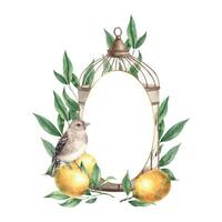 Frame in the form of a bronze cage with yellow lemons, green leaves, branches and a realistic bird. Vintage watercolor composition for decoration of cards, wedding design, invitations, packaging. vector