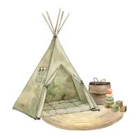 Watercolor composition with elements of a children's room, a wigwam, a basket and children's toys. Isolated hand drawn illustration for children's interior, cards, stickers, textiles, design. vector