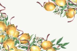 Frame of yellow lemons, leaves, flowers and burgundy silk ribbons. Isolated watercolor illustration in vintage style. Handmade composition for decoration of cards, wedding design, invitations, textile vector