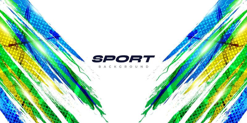 Abstract Grunge Brush Background with Blue, Green and Yellow Gradient Colors and Halftone Effect. Sports Background with Dots Pop Art Style