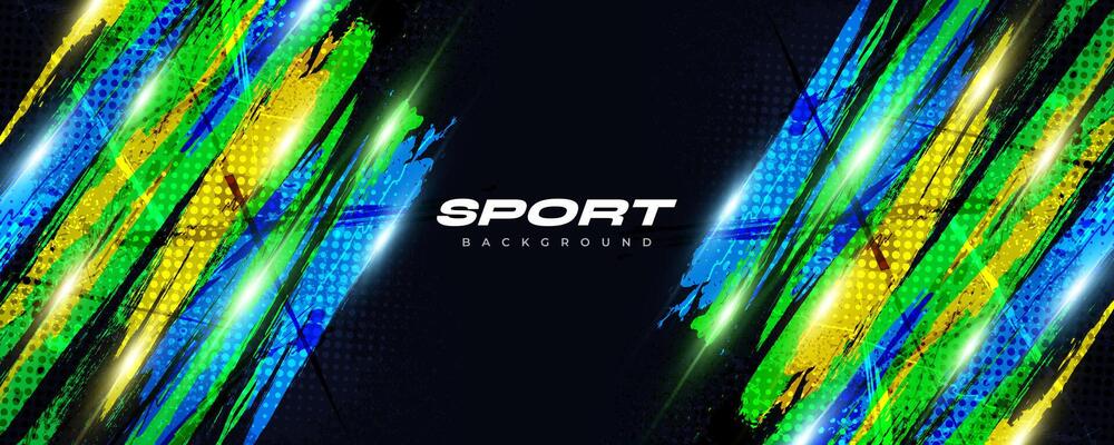 Abstract Grunge Brush Background with Blue, Green and Yellow Gradient Colors and Halftone Effect. Sports Background with Dots Pop Art Style