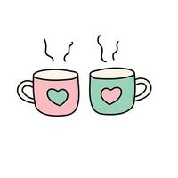 Paired mugs with hearts in doodle style. vector