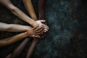 Hands of various races and ethnicities come together against discrimination. . photo