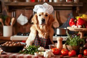 un dorado perdiguero vistiendo un cocinero disfraz en el cocina, ansiosamente Listo a cocinar. . foto