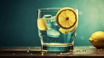 A glass of lemonade with ice condensation droplets and a slice of lemon on the rim and table photo