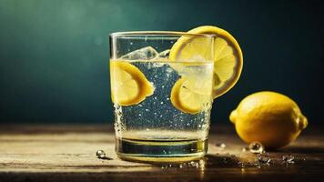 A glass of lemonade with droplets and a slice of lemon on the table, spring drinks photo