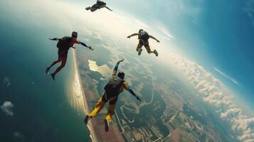 asian skydivers selfie take photo jump free fall from an airplane. Tandem