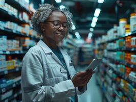 mayor hembra farmacéutico sonriente como ella usos un digital tableta en un moderno farmacia foto