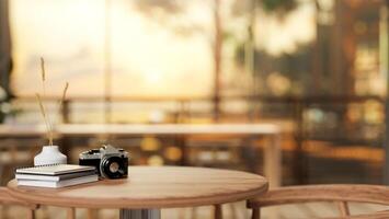 A round wooden table with a space for display products with a blurred background sunset view. photo