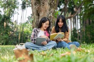 Two young Asian female students sit on the grass under a tree, studying together in a campus park. photo