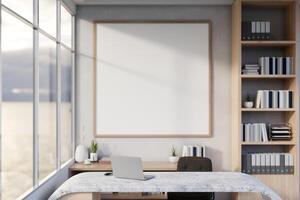 The interior design of a modern private office or home office features a laptop on a marble desk. photo