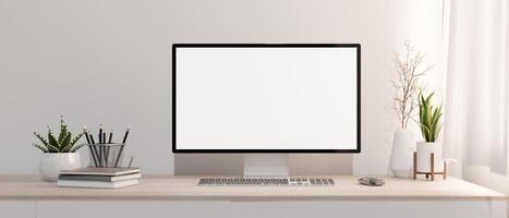 A minimalist white home office with a PC computer mockup on a wood table against the white wall. photo