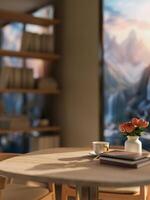 A wooden table with a flower vase, a coffee cup, and books in a room with a mountains view. photo