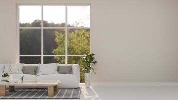 The interior design of a contemporary minimalist white living room features a cozy white couch. photo