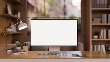 The interior design of a contemporary wooden office workspace features a PC computer mockup. photo